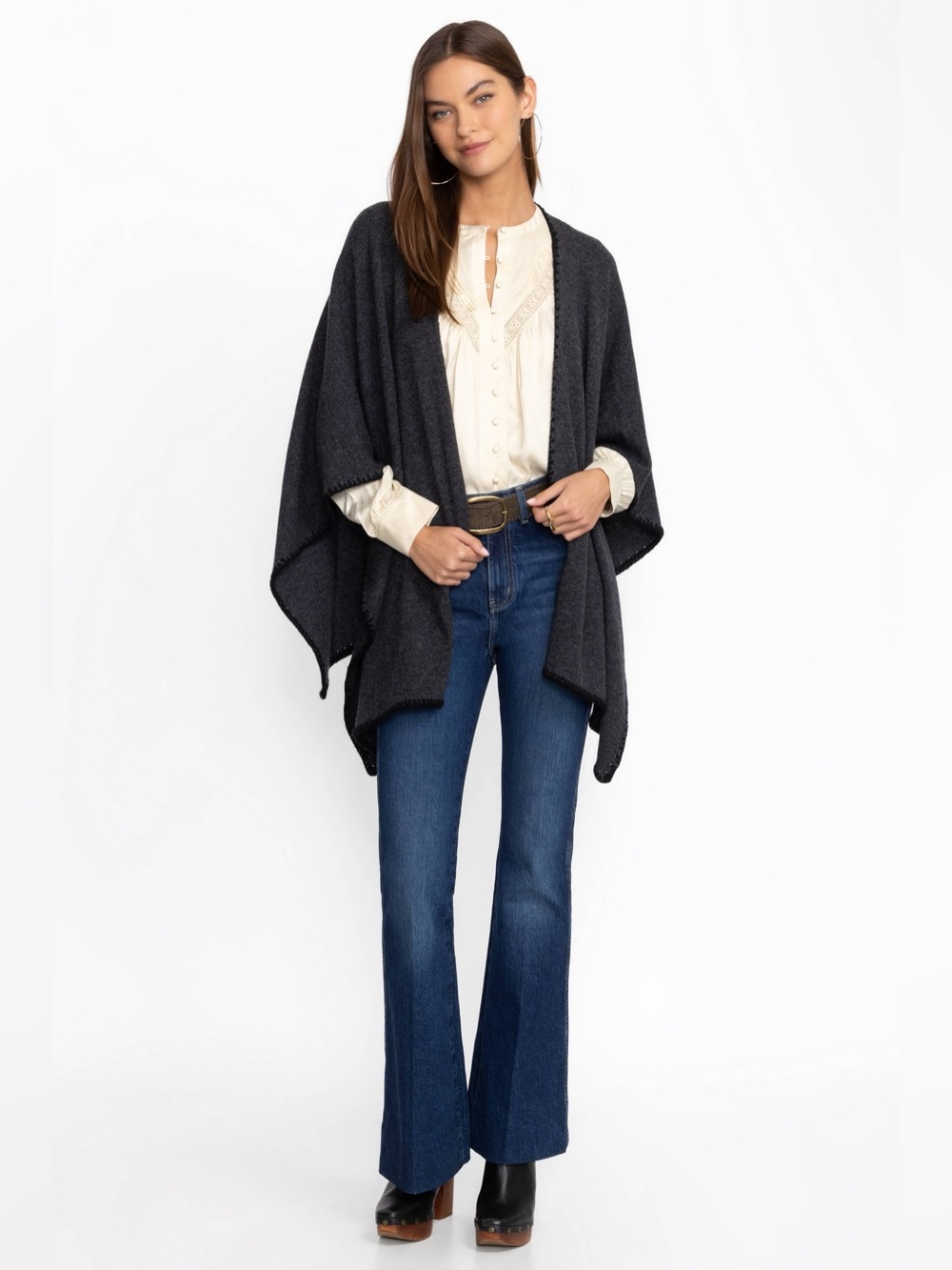 Johnny Was Whipstitch Charcoal Gray Draped Cashmere Knit Poncho Wrap $298
